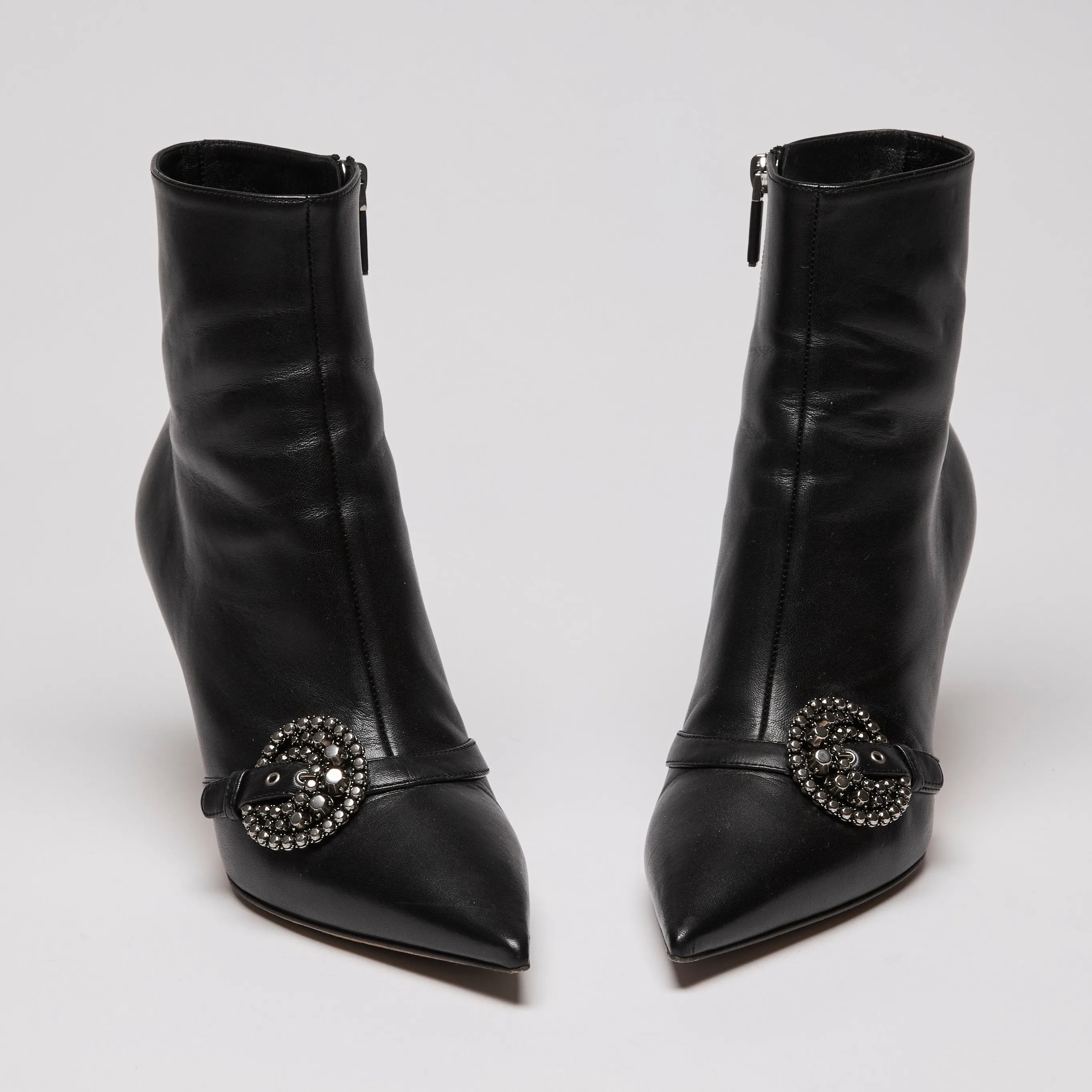 Dior Black Leather Point Toe Ankle Boots with Buckle Embellishment Size 38.5