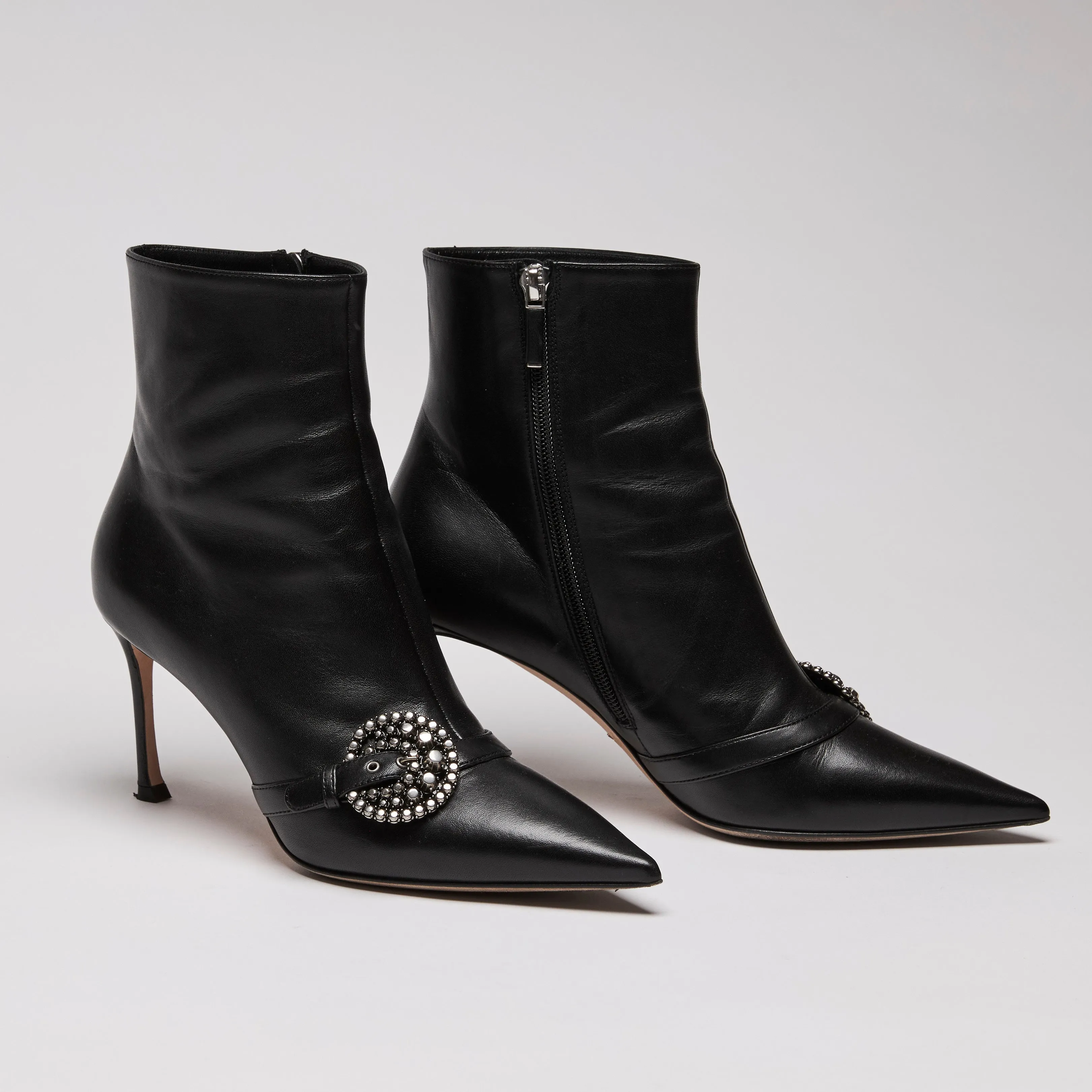Dior Black Leather Point Toe Ankle Boots with Buckle Embellishment Size 38.5