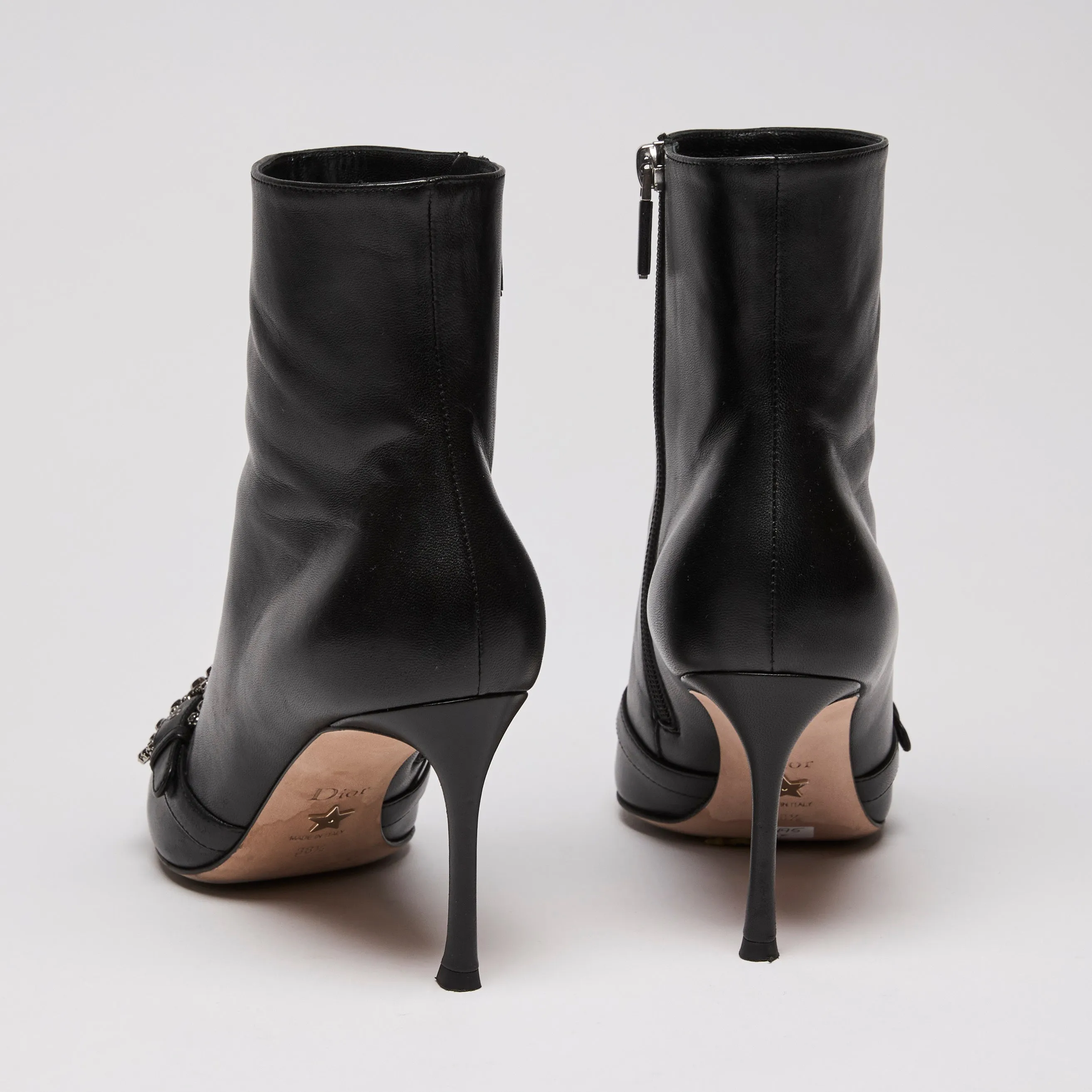 Dior Black Leather Point Toe Ankle Boots with Buckle Embellishment Size 38.5