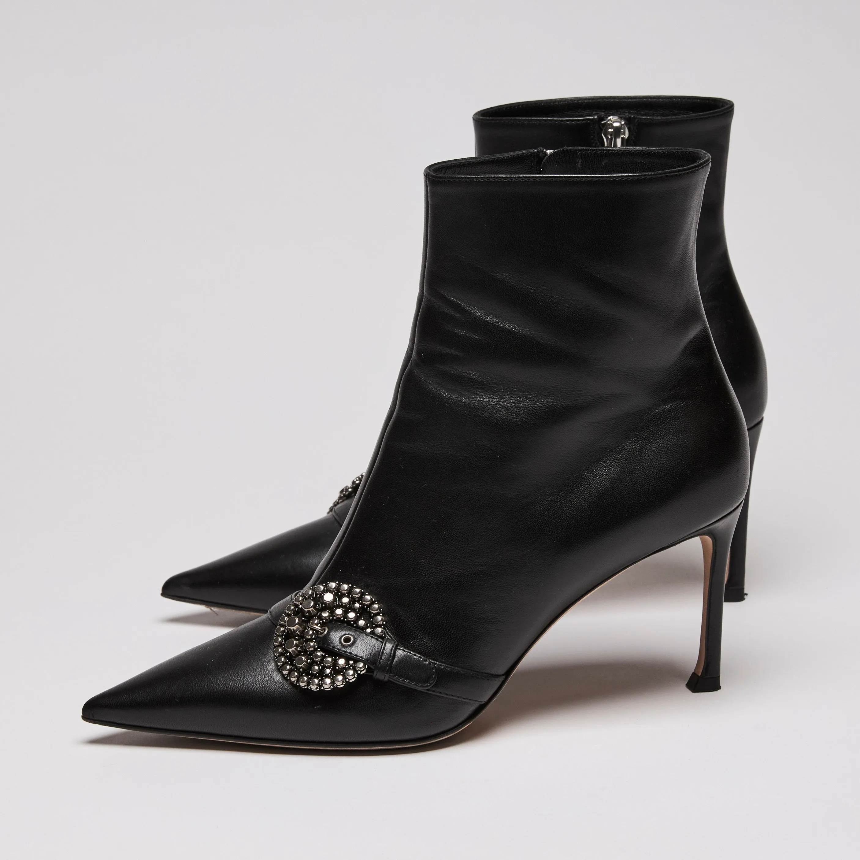 Dior Black Leather Point Toe Ankle Boots with Buckle Embellishment Size 38.5