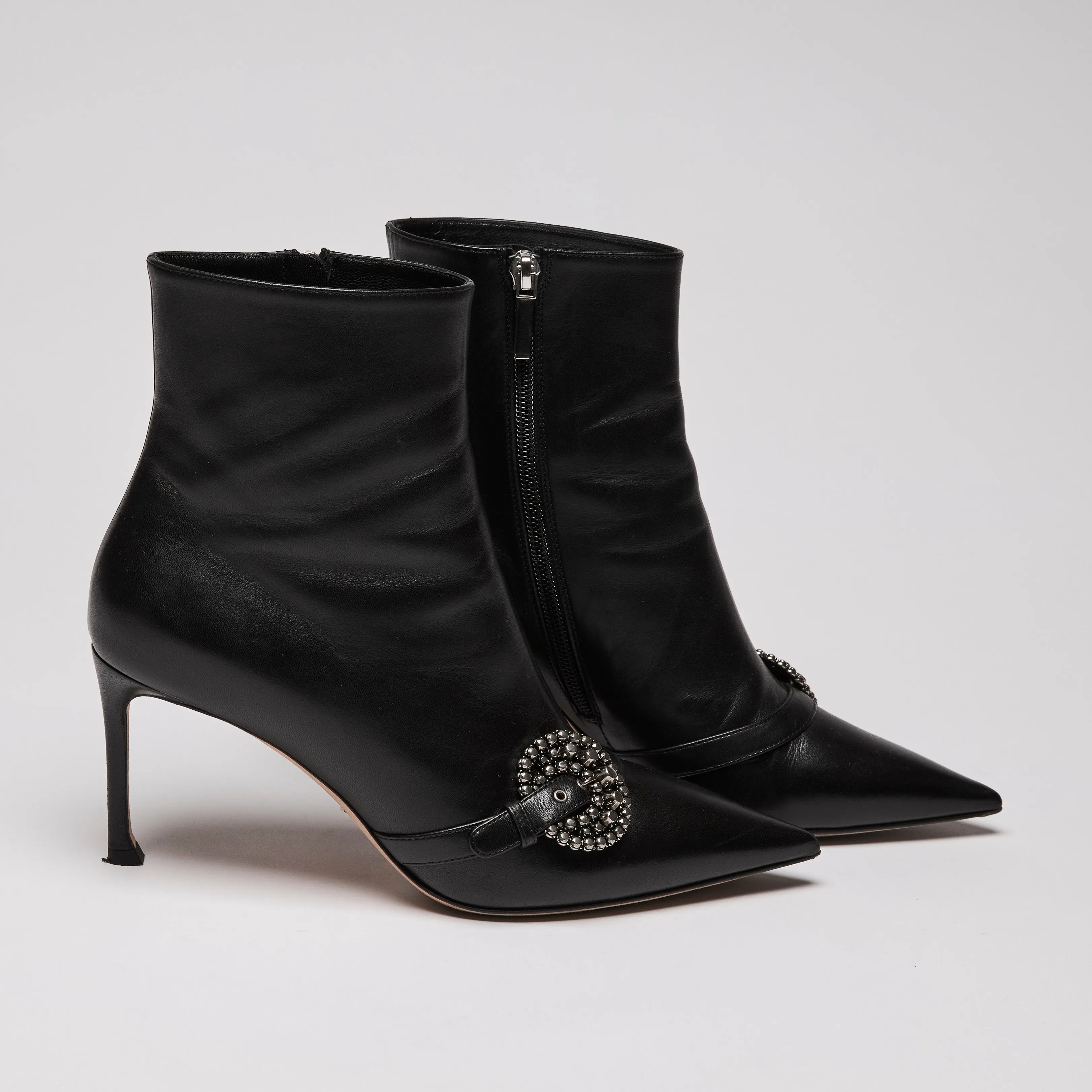 Dior Black Leather Point Toe Ankle Boots with Buckle Embellishment Size 38.5
