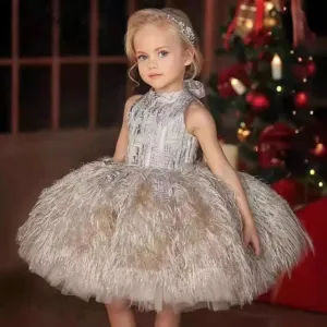 Elegant flower Dress Feather Baby Wedding party Princess dress Colors can be customized
