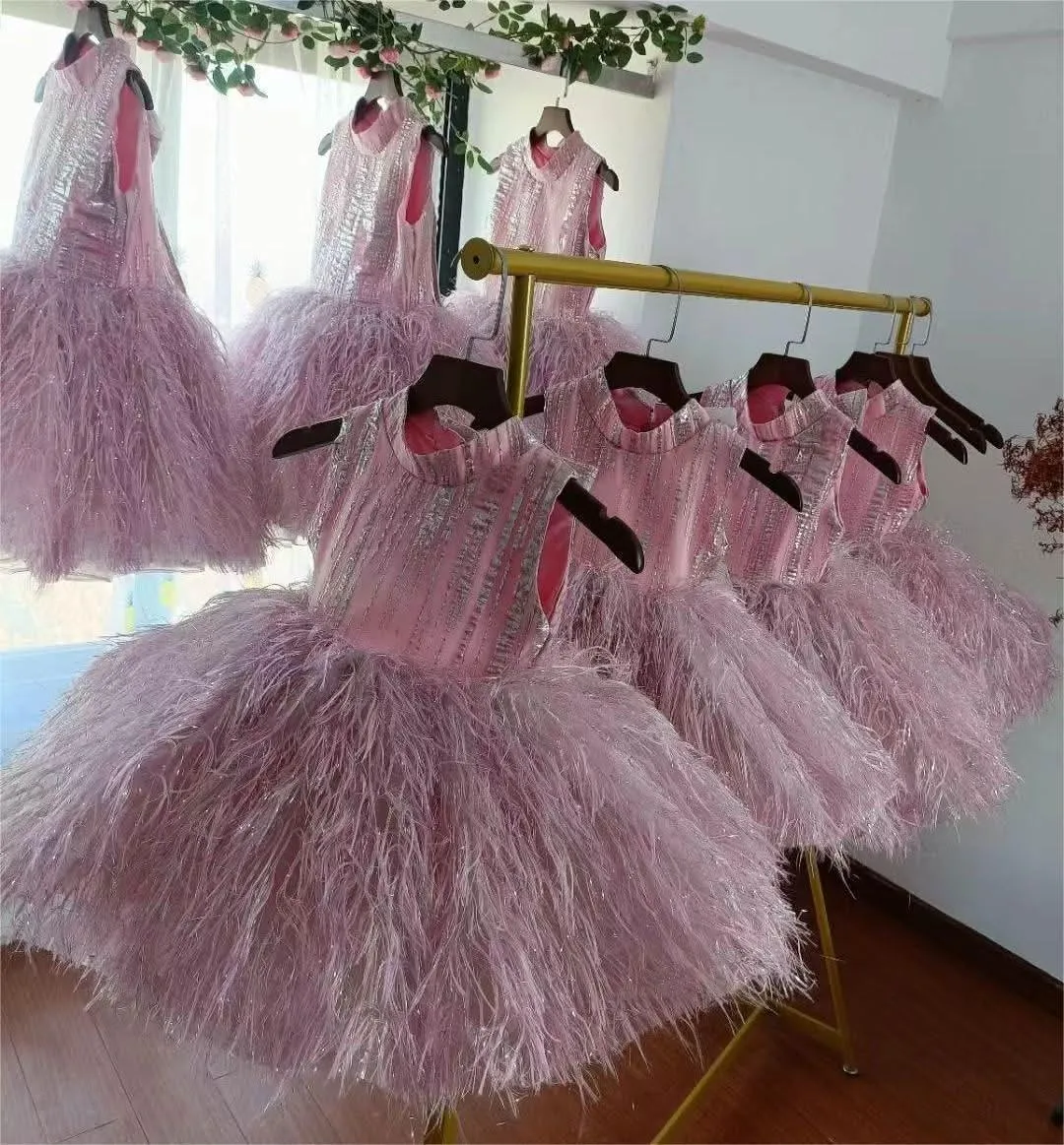 Elegant flower Dress Feather Baby Wedding party Princess dress Colors can be customized