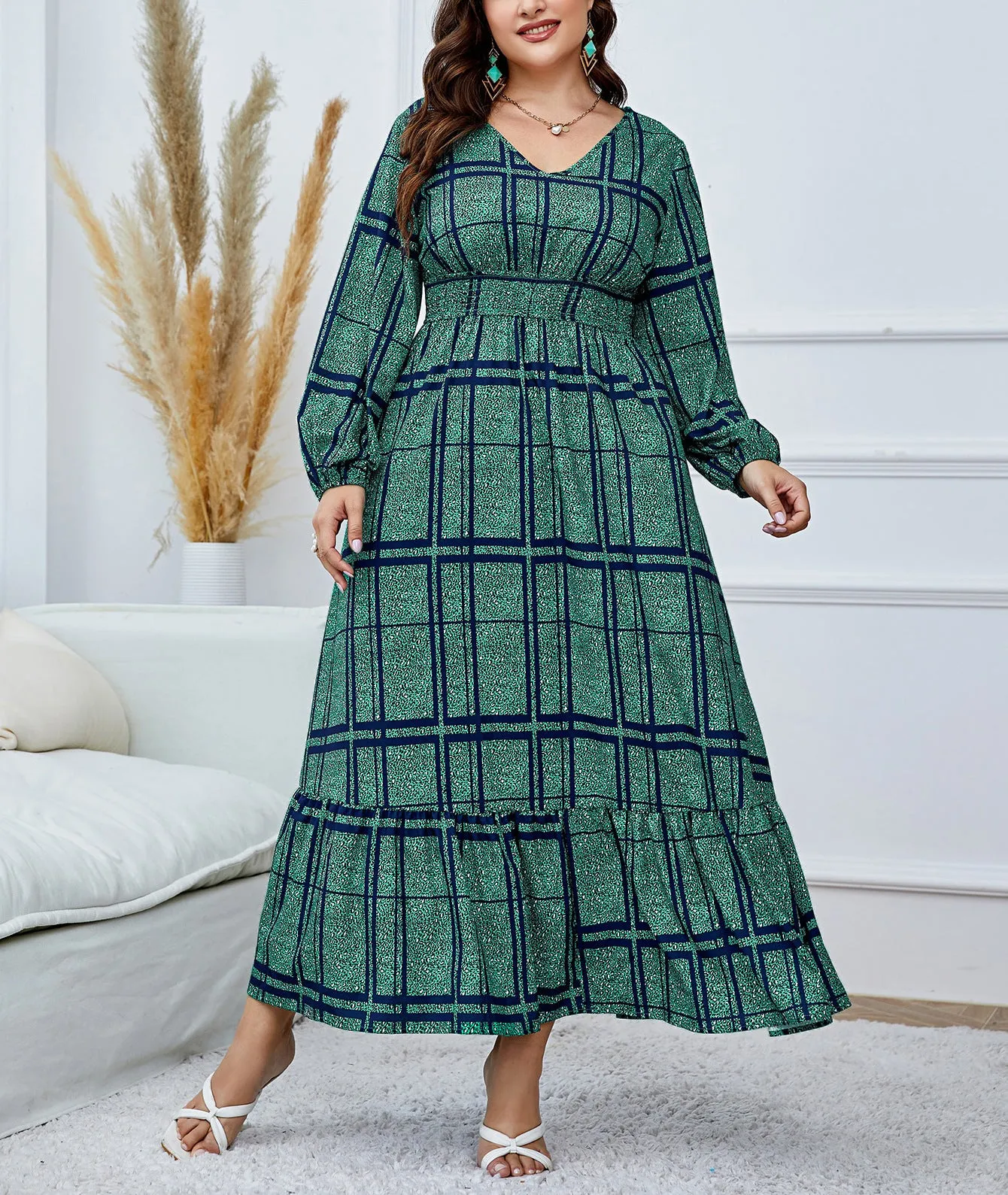 Elegant Flowing Plaid Print Maxi Dress with High Waist Design