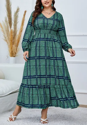 Elegant Flowing Plaid Print Maxi Dress with High Waist Design