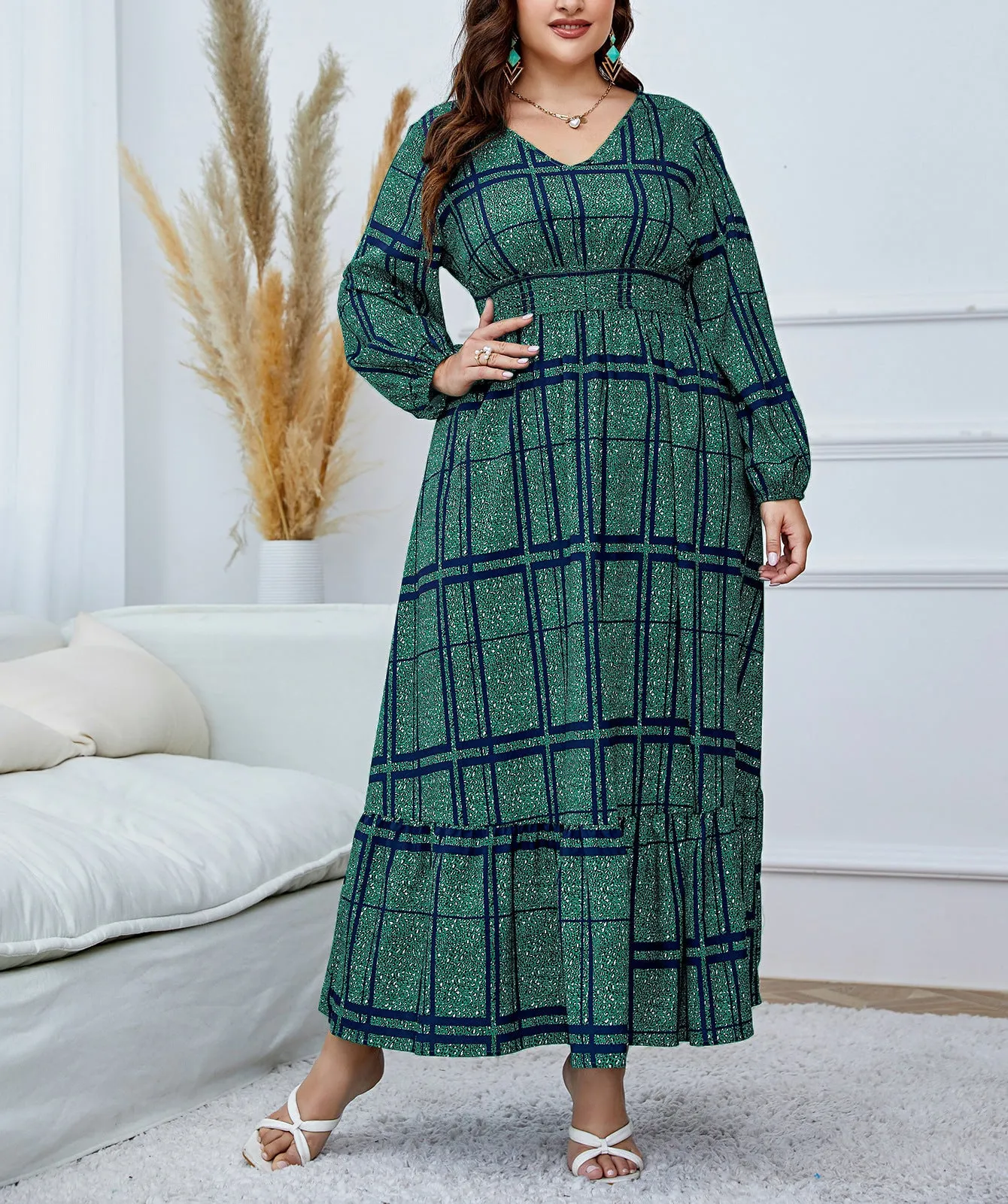 Elegant Flowing Plaid Print Maxi Dress with High Waist Design