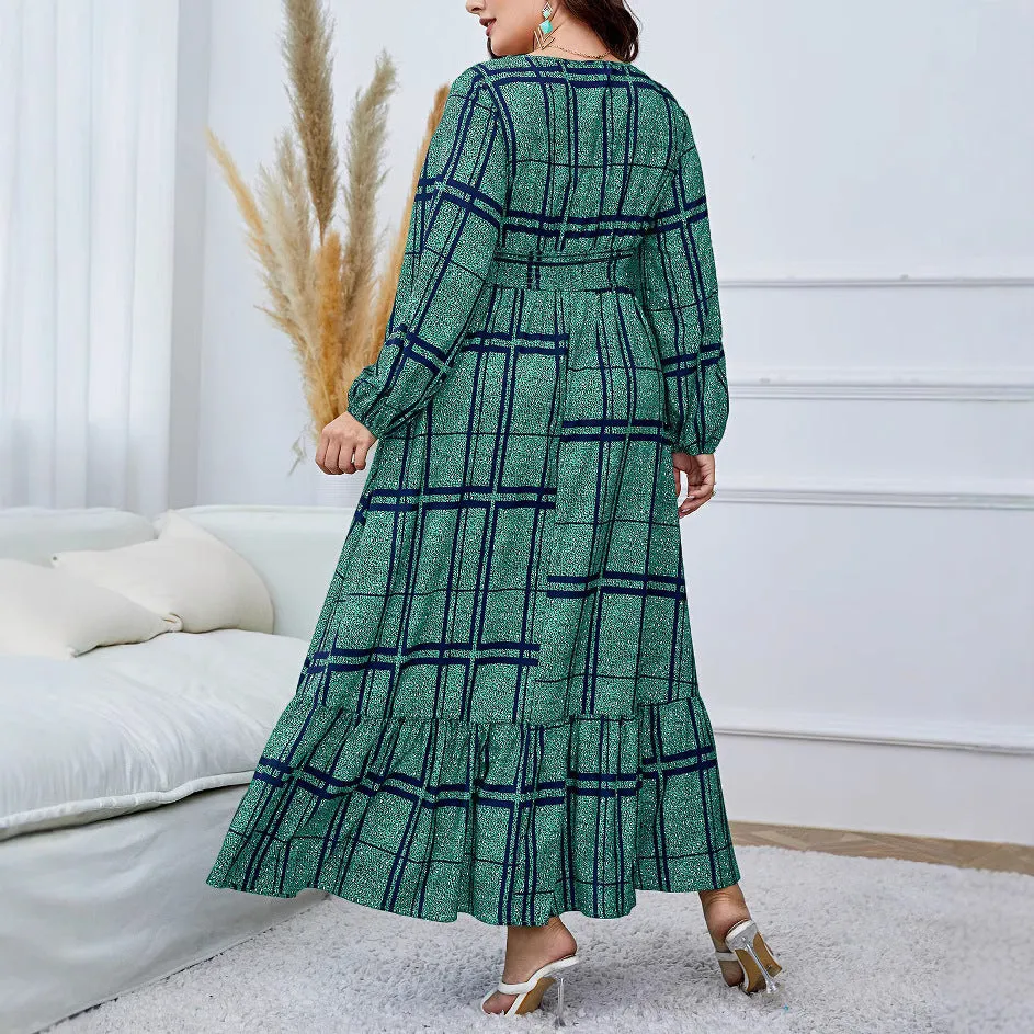 Elegant Flowing Plaid Print Maxi Dress with High Waist Design