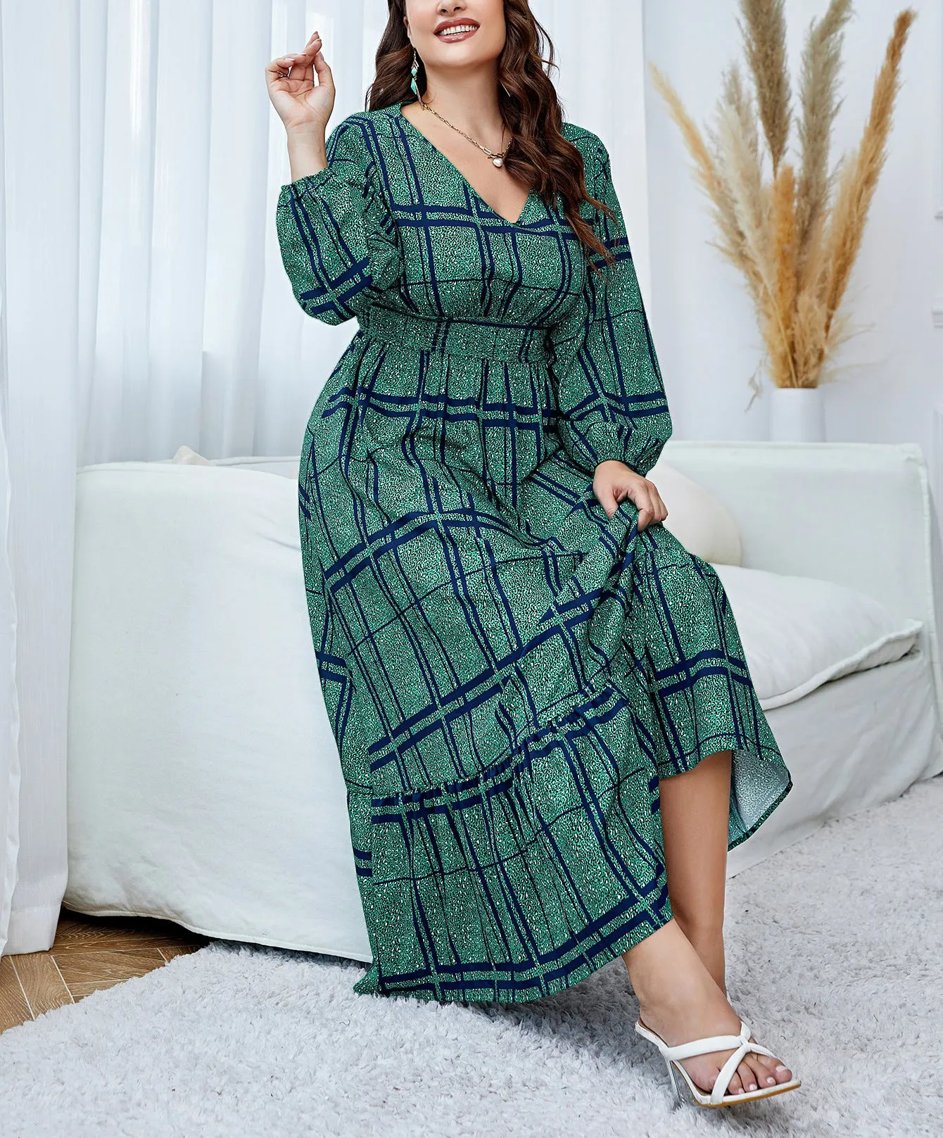 Elegant Flowing Plaid Print Maxi Dress with High Waist Design
