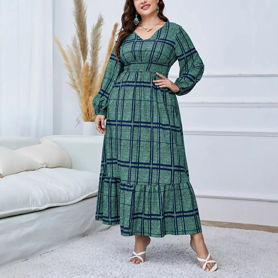 Elegant Flowing Plaid Print Maxi Dress with High Waist Design