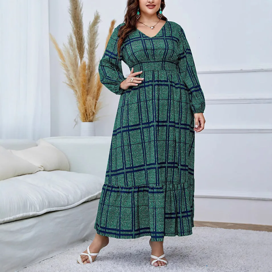 Elegant Flowing Plaid Print Maxi Dress with High Waist Design