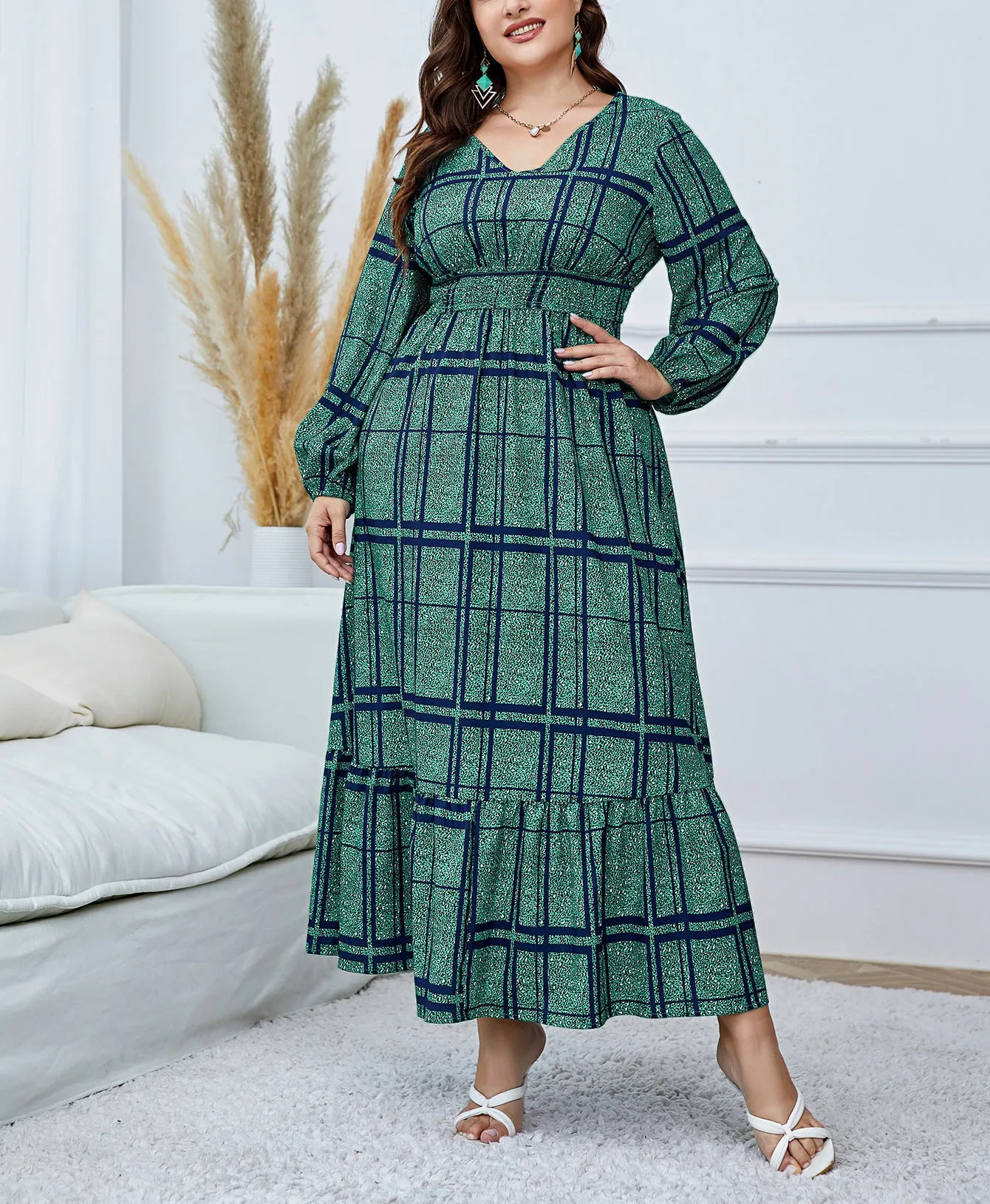 Elegant Flowing Plaid Print Maxi Dress with High Waist Design