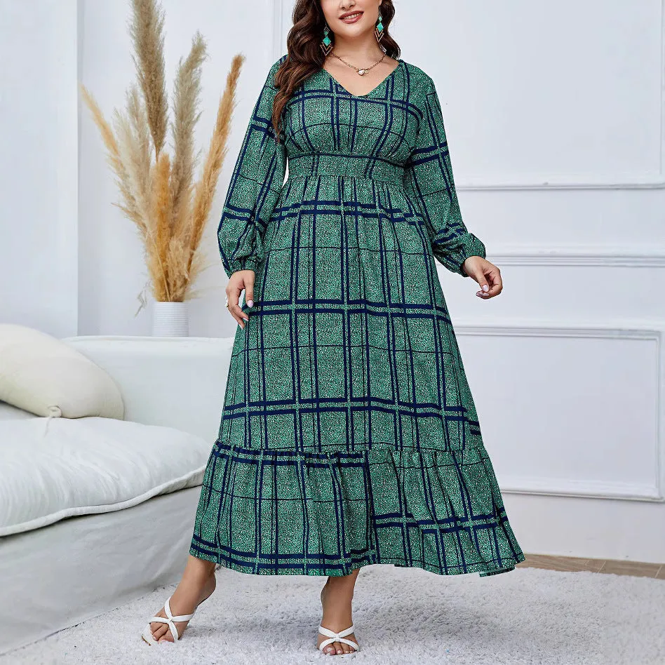 Elegant Flowing Plaid Print Maxi Dress with High Waist Design