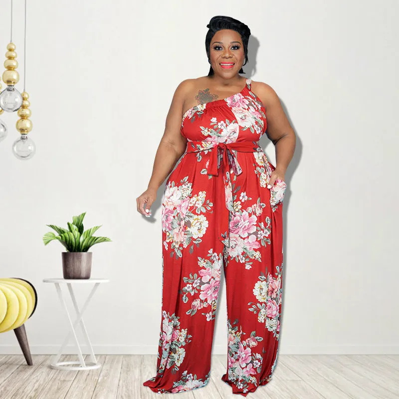 Elegant One-Shoulder Floral Print Wide-Leg Jumpsuit with Belt