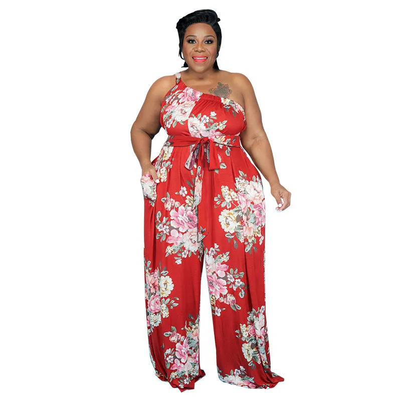 Elegant One-Shoulder Floral Print Wide-Leg Jumpsuit with Belt