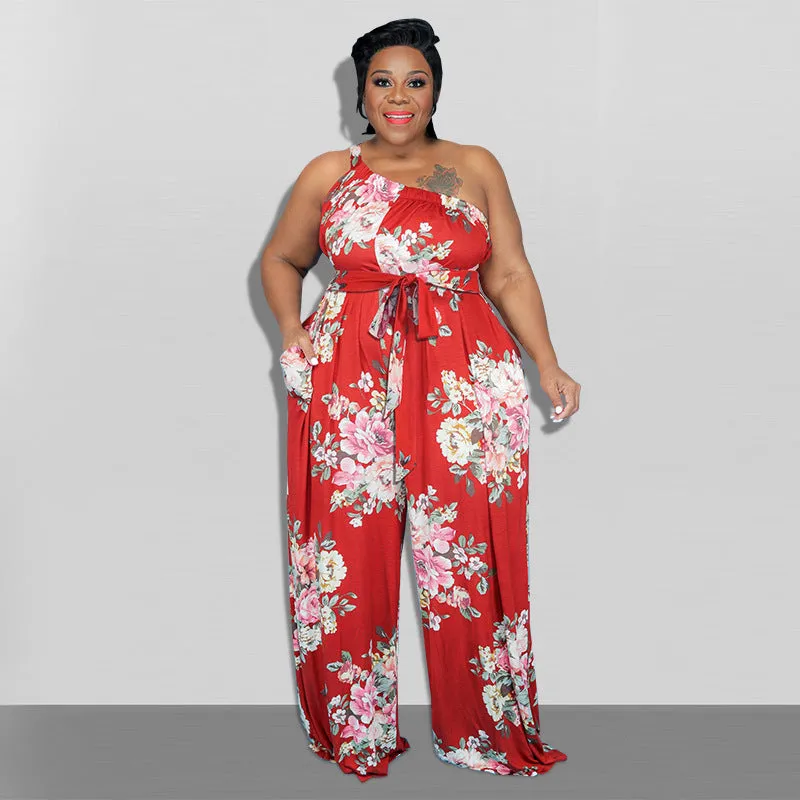 Elegant One-Shoulder Floral Print Wide-Leg Jumpsuit with Belt
