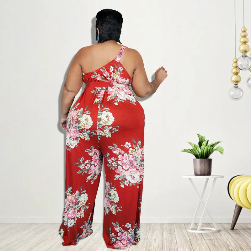 Elegant One-Shoulder Floral Print Wide-Leg Jumpsuit with Belt
