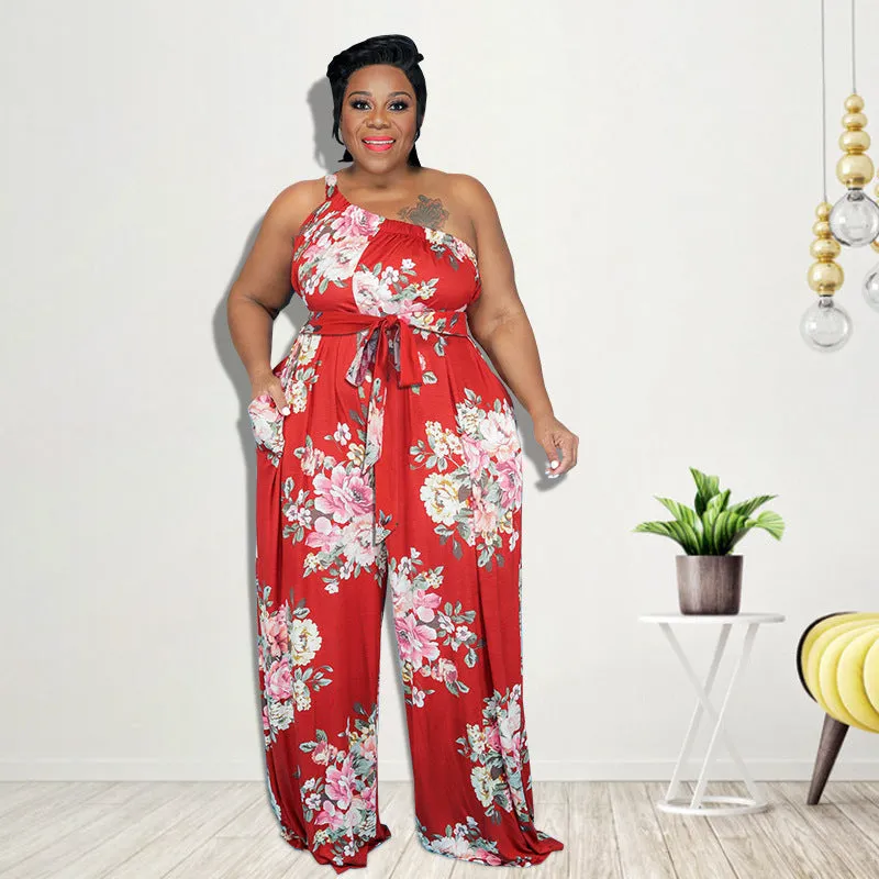 Elegant One-Shoulder Floral Print Wide-Leg Jumpsuit with Belt