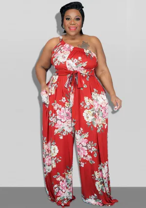 Elegant One-Shoulder Floral Print Wide-Leg Jumpsuit with Belt