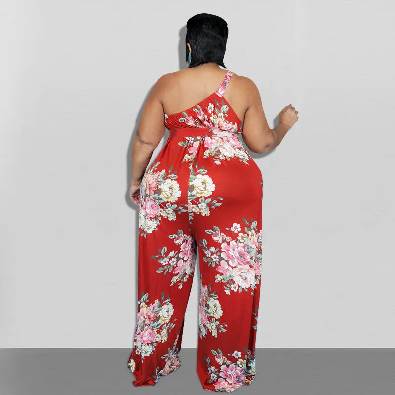Elegant One-Shoulder Floral Print Wide-Leg Jumpsuit with Belt