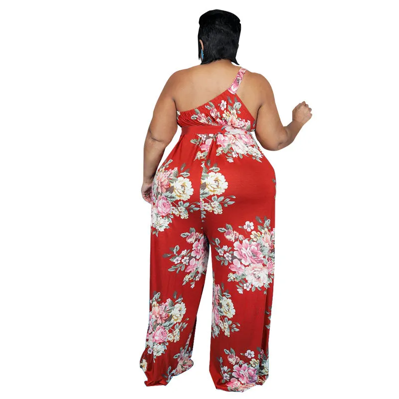 Elegant One-Shoulder Floral Print Wide-Leg Jumpsuit with Belt