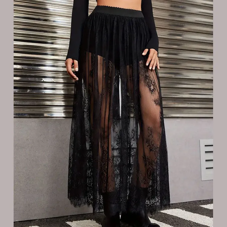 Elegant See-Through Lace Long Skirt with Intricate Details