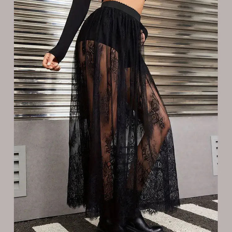 Elegant See-Through Lace Long Skirt with Intricate Details