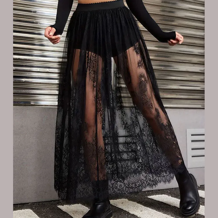 Elegant See-Through Lace Long Skirt with Intricate Details