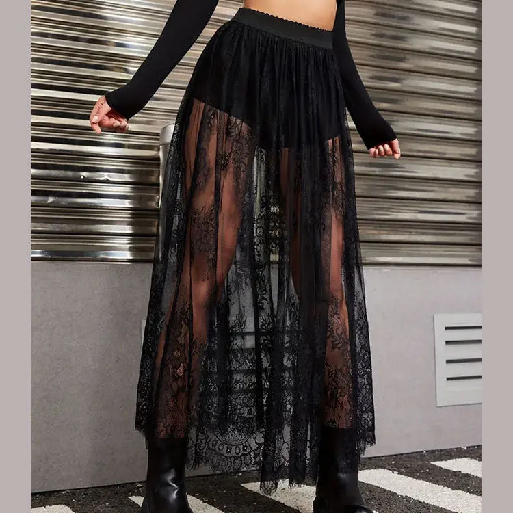 Elegant See-Through Lace Long Skirt with Intricate Details