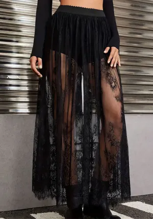 Elegant See-Through Lace Long Skirt with Intricate Details
