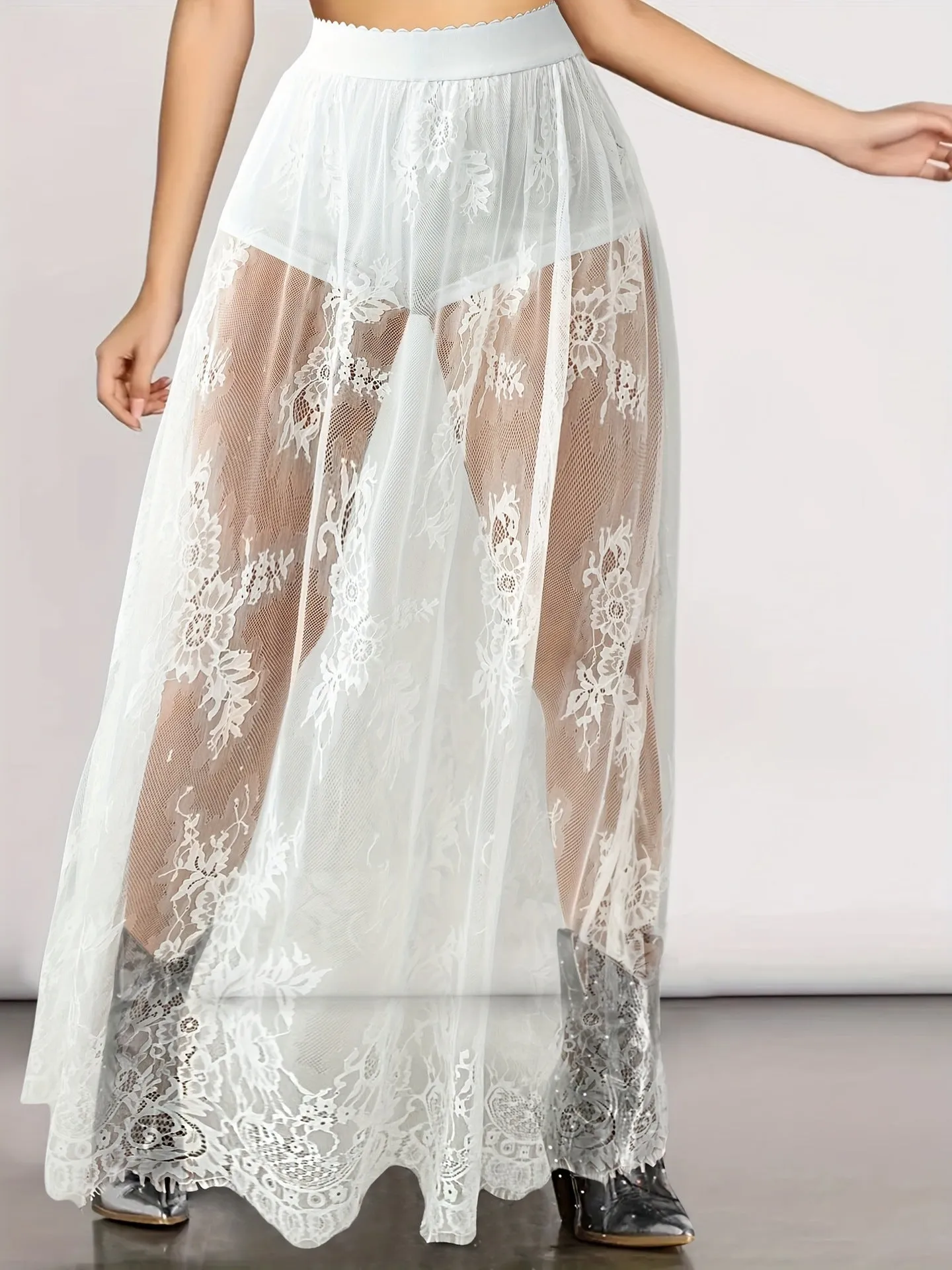 Elegant See-Through Lace Long Skirt with Intricate Details
