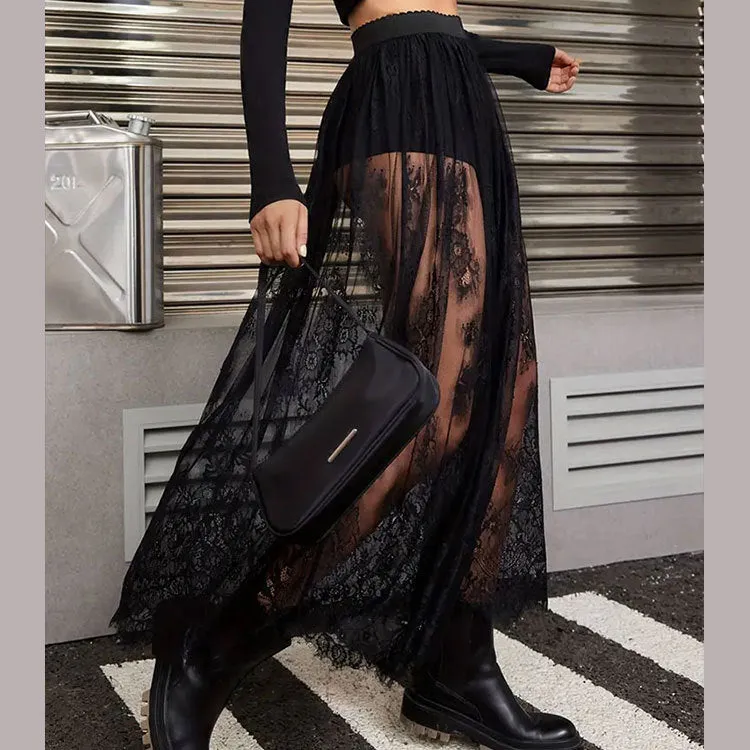Elegant See-Through Lace Long Skirt with Intricate Details
