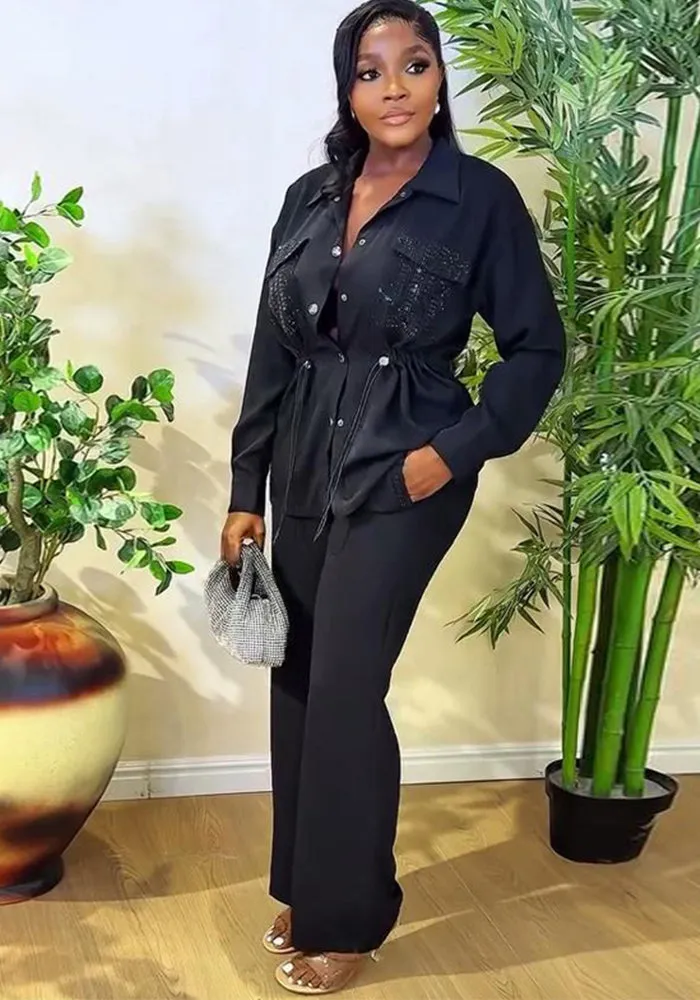 Elegant Slim Waist Shirt and Trousers Black Two-Piece Set
