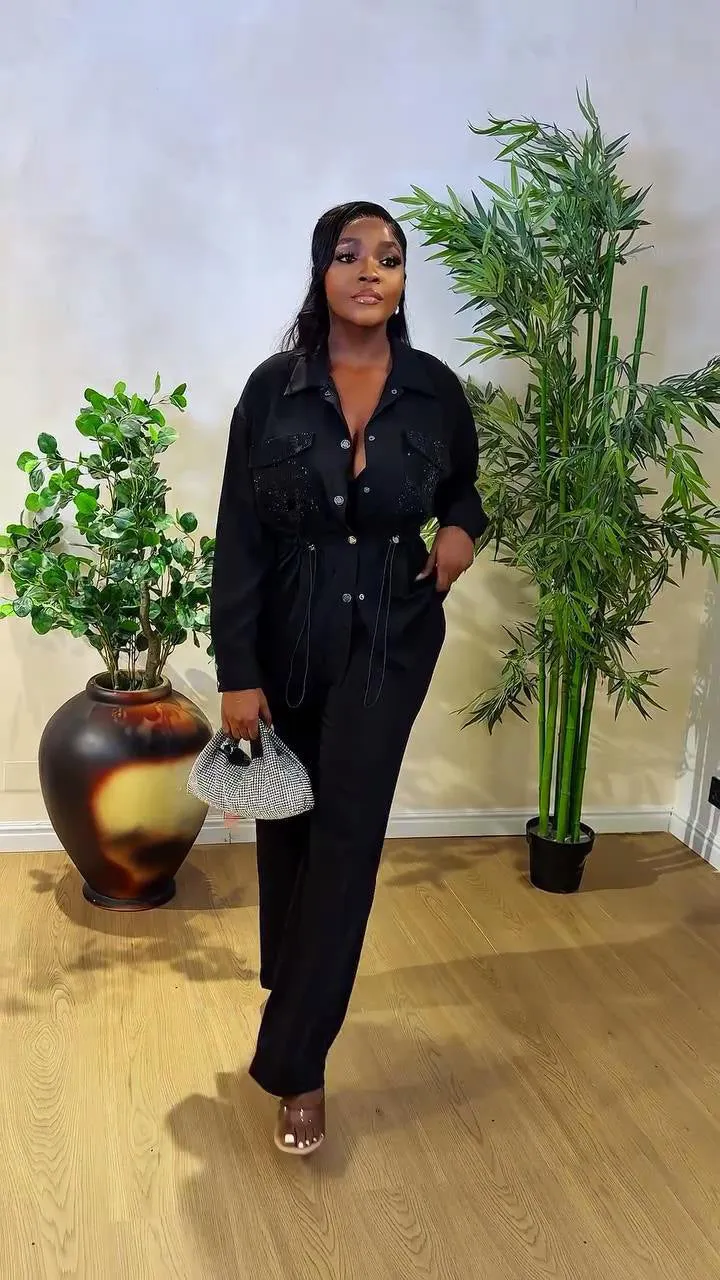 Elegant Slim Waist Shirt and Trousers Black Two-Piece Set