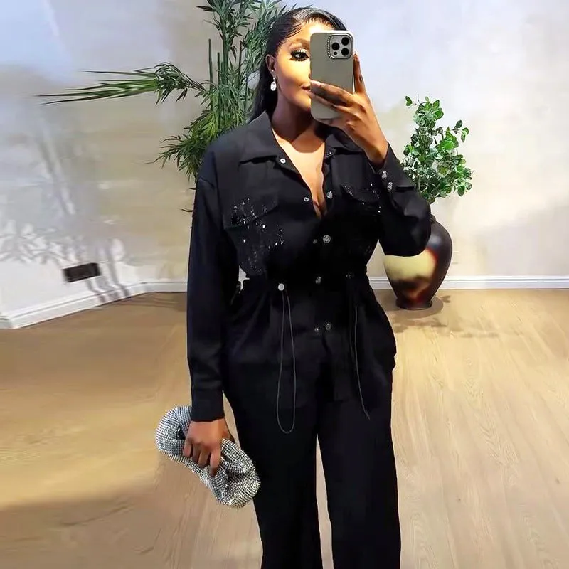 Elegant Slim Waist Shirt and Trousers Black Two-Piece Set
