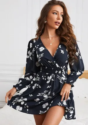 Elegant V-Neck Floral Print Lantern Sleeve Dress with Chic Style