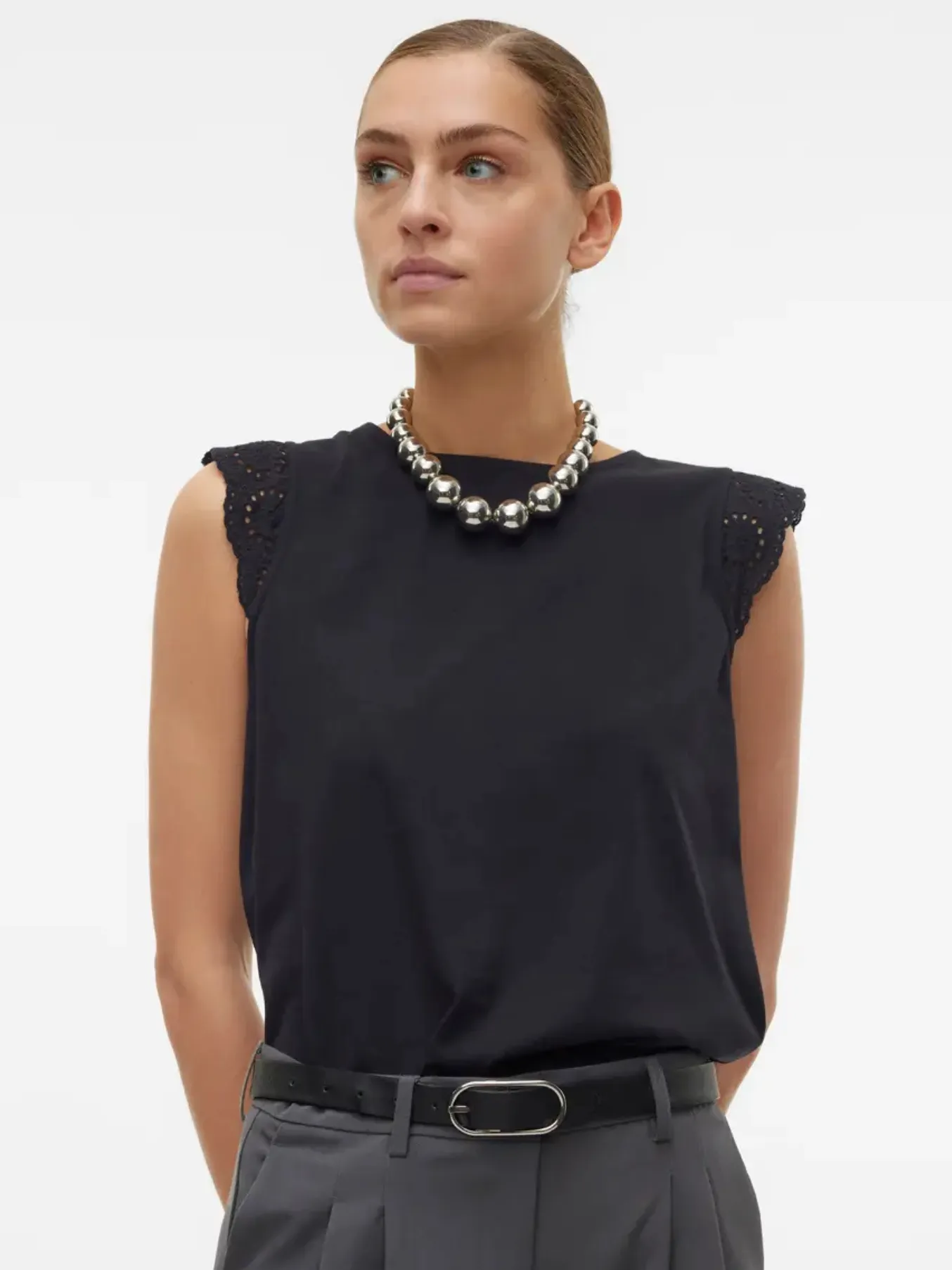 Emily Black Broderie Anglaise Cap Sleeve T Shirt