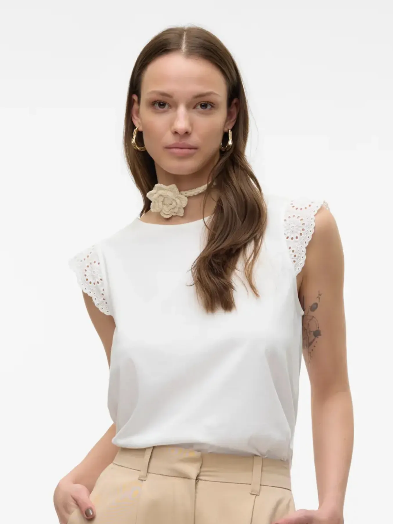 Emily Snow White Broderie Anglaise Cap Sleeve T Shirt