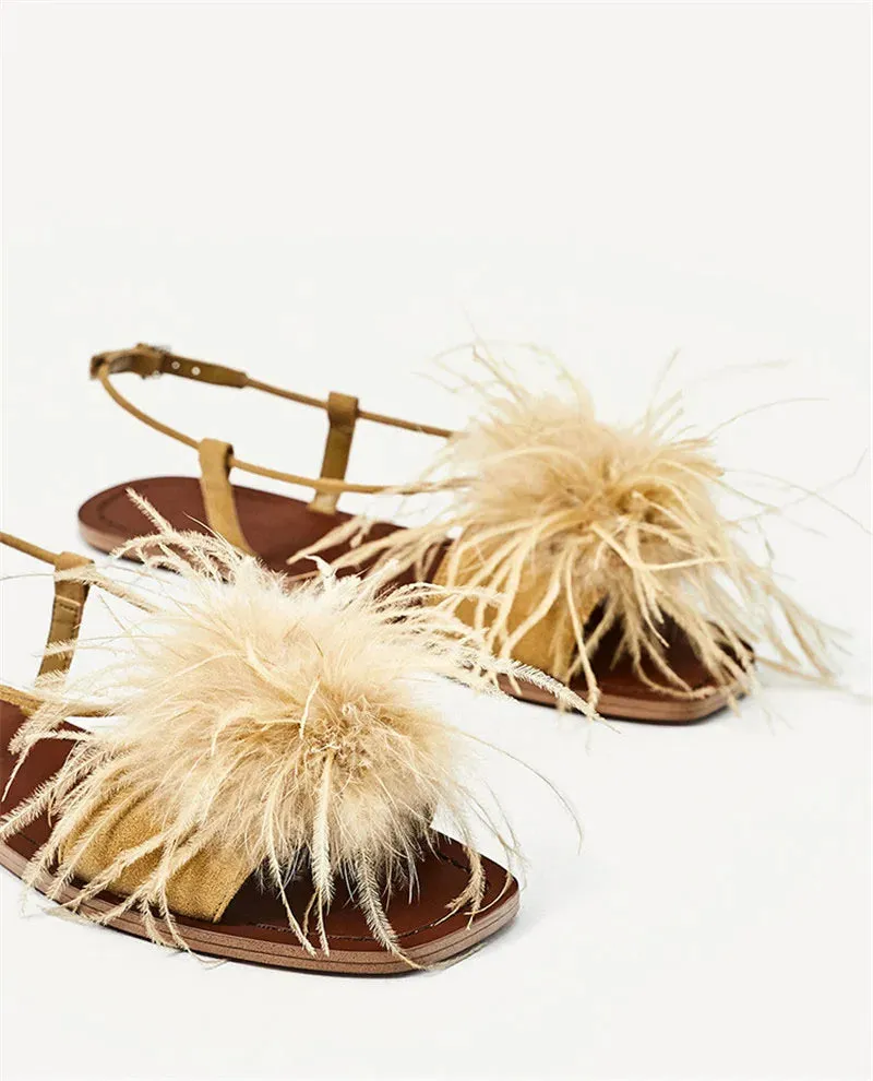 Feather Decor Women Sandals Fur Flat Shoes Ladies Summer Beach Sandal Valentine Shoe Square Toe Casual Flats 2024 New Slides