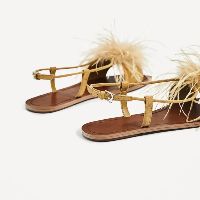 Feather Decor Women Sandals Fur Flat Shoes Ladies Summer Beach Sandal Valentine Shoe Square Toe Casual Flats 2024 New Slides