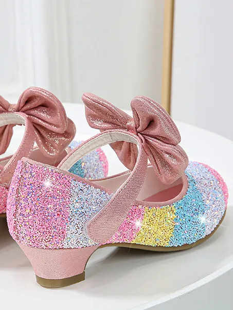 Girls Leather Glitter Heeled Bow Flats By Liv and Mia