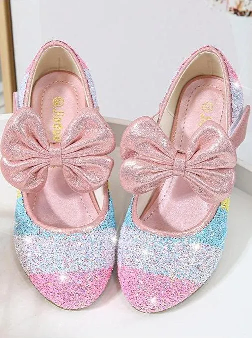 Girls Leather Glitter Heeled Bow Flats By Liv and Mia