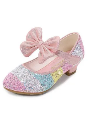 Girls Leather Glitter Heeled Bow Flats By Liv and Mia