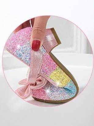Girls Leather Glitter Heeled Bow Flats By Liv and Mia