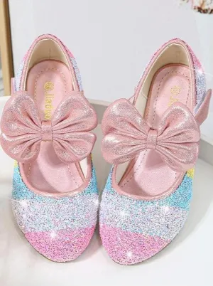 Girls Leather Glitter Heeled Bow Flats By Liv and Mia