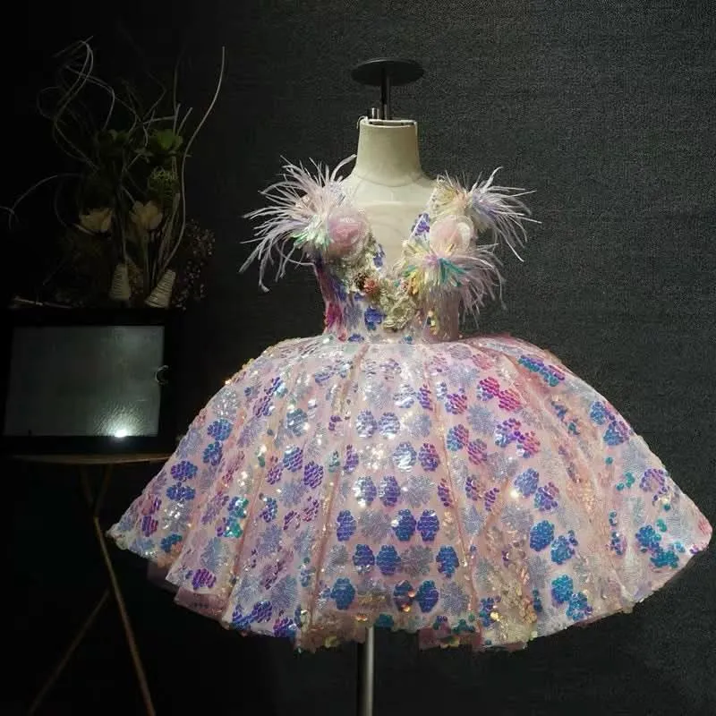 Girls sequin feather luxury princess dress birthday host catwalk high-end performance costume