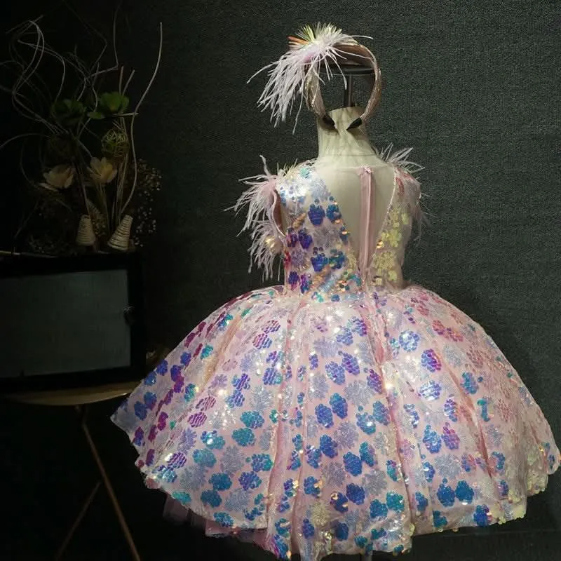 Girls sequin feather luxury princess dress birthday host catwalk high-end performance costume