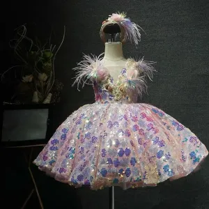 Girls sequin feather luxury princess dress birthday host catwalk high-end performance costume