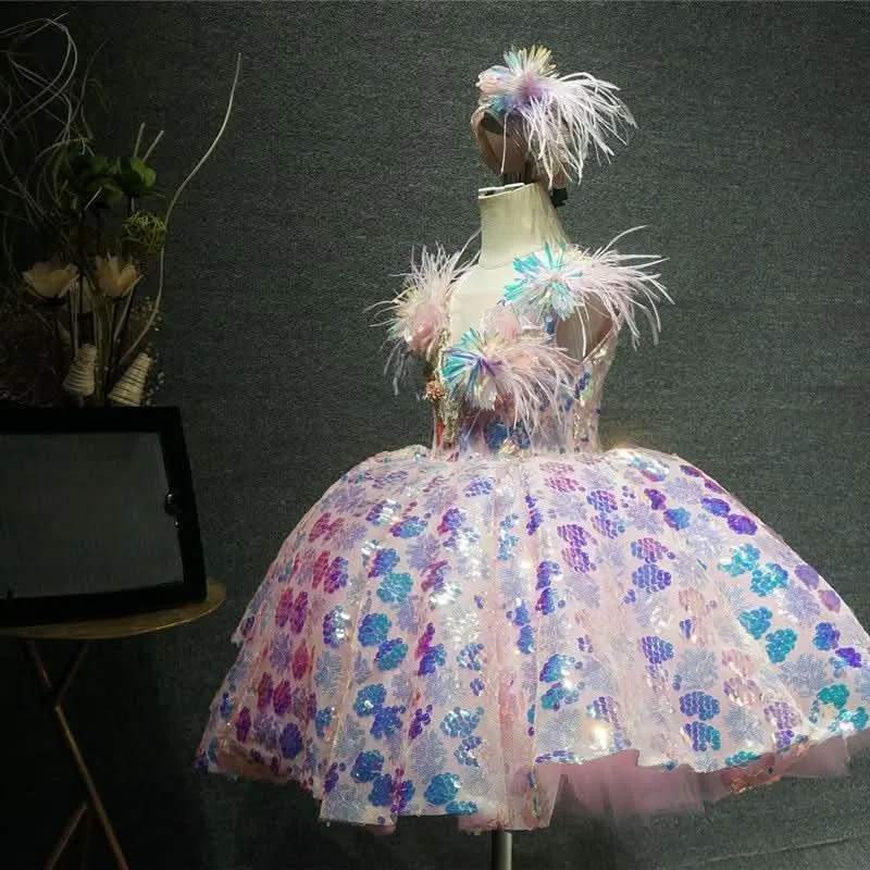Girls sequin feather luxury princess dress birthday host catwalk high-end performance costume