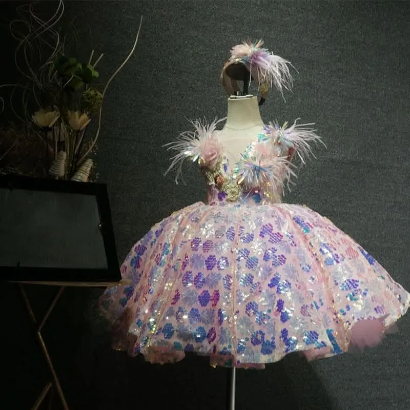 Girls sequin feather luxury princess dress birthday host catwalk high-end performance costume