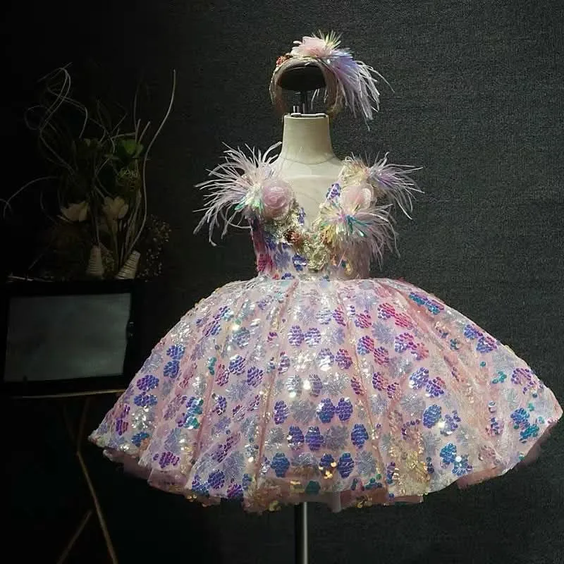 Girls sequin feather luxury princess dress birthday host catwalk high-end performance costume